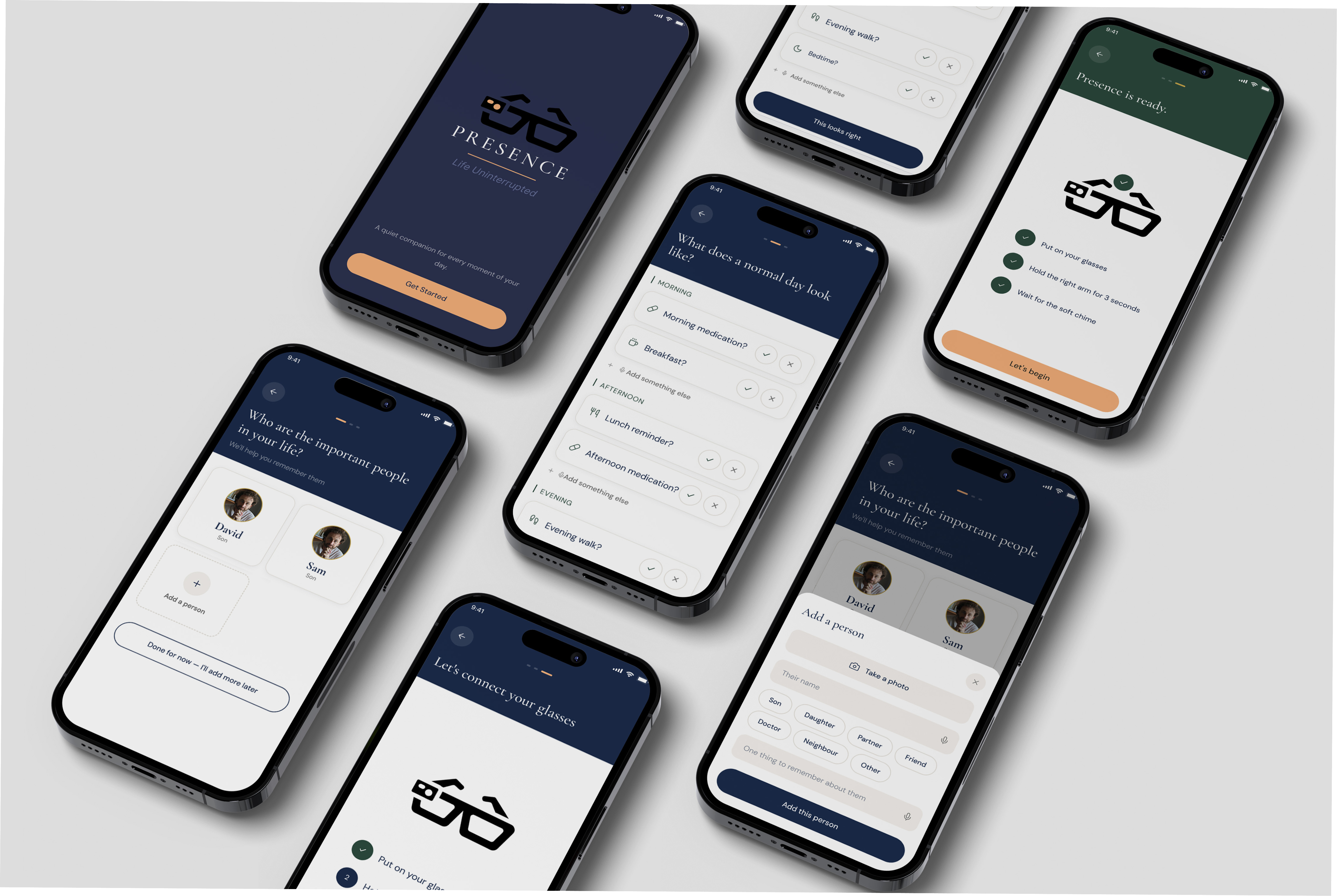 Onboarding screens — setting up people, daily routine, and glasses connection