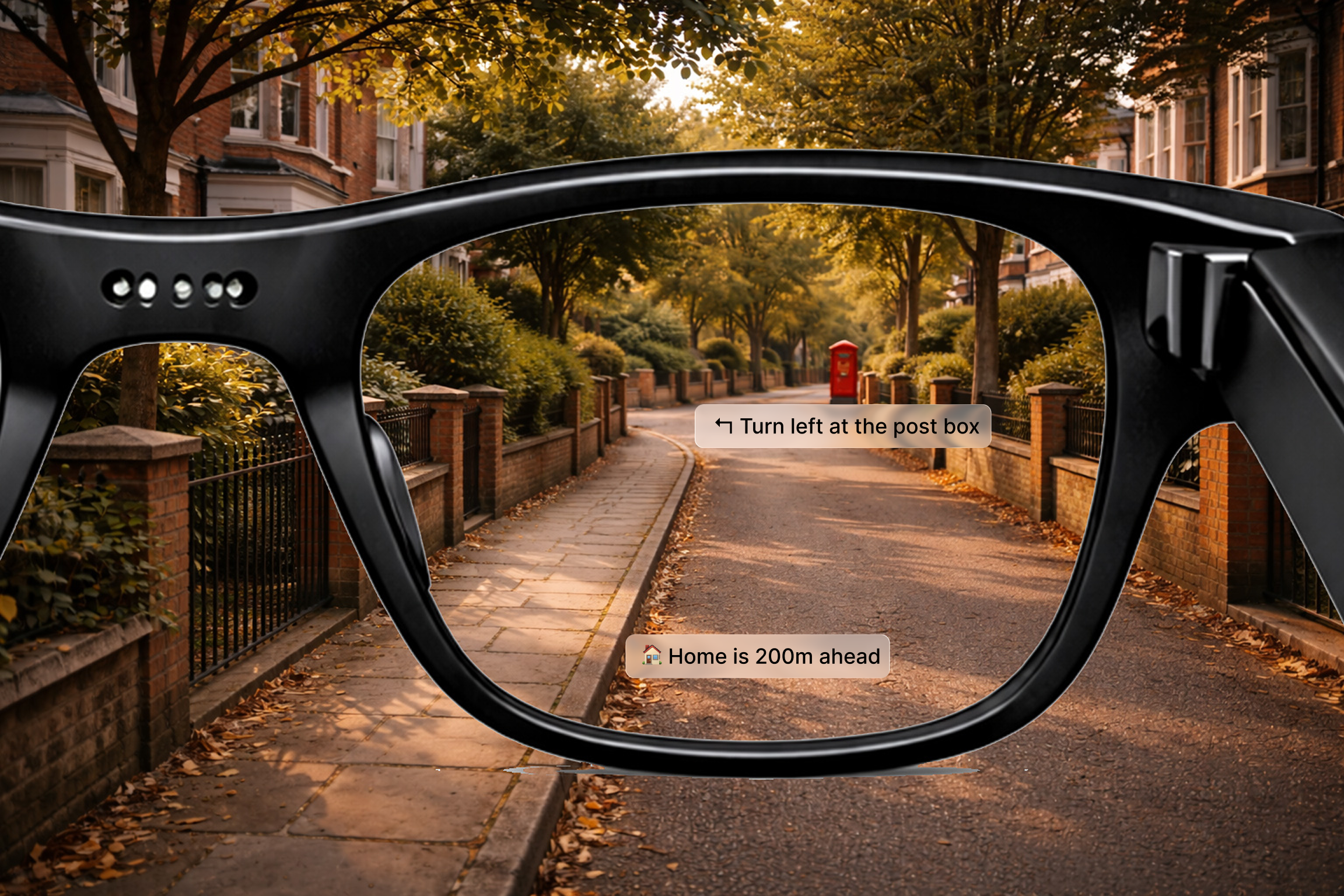 Glasses view showing street navigation — turn directions and distance to home