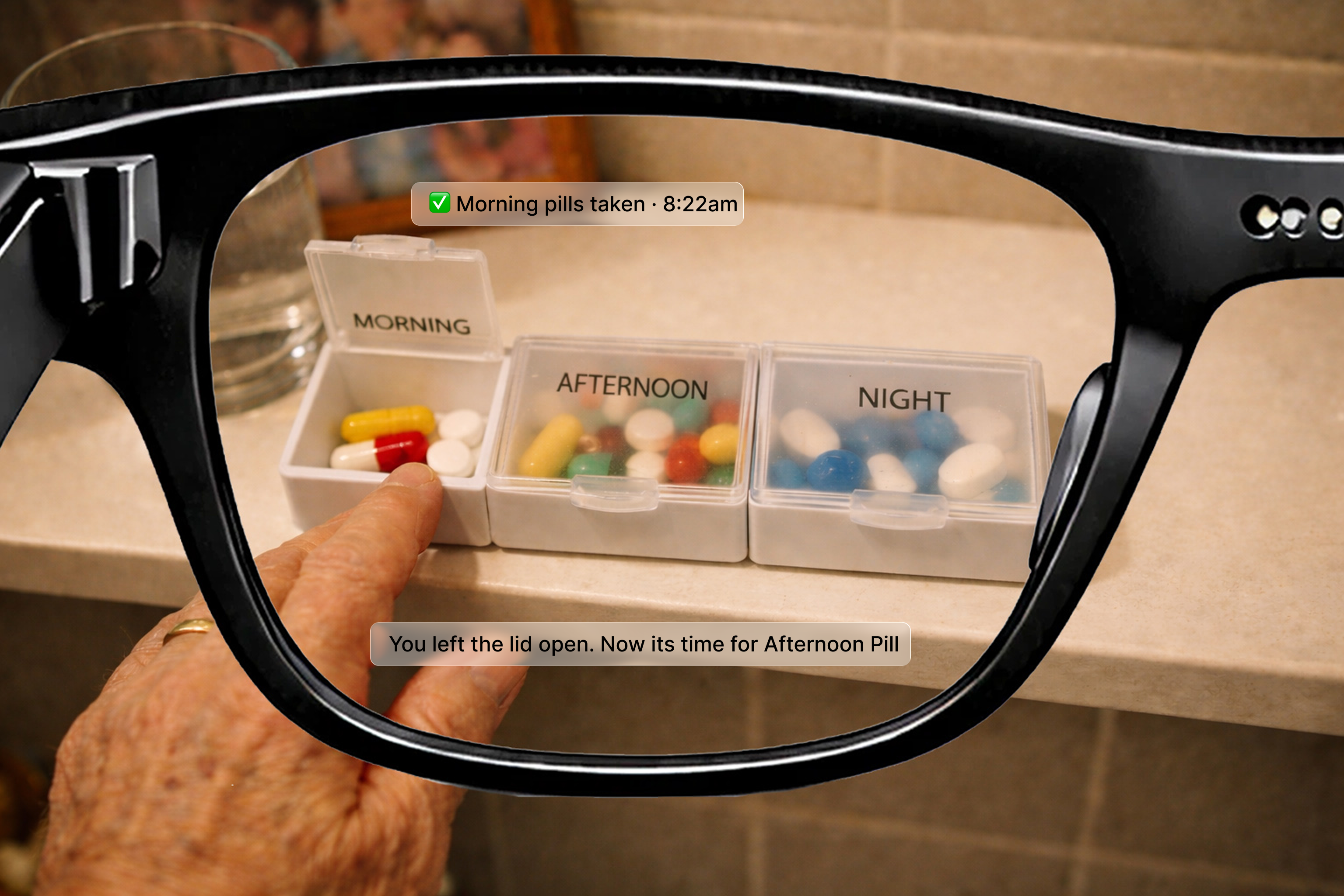 Glasses view showing medication detection — morning pills confirmed and afternoon reminder