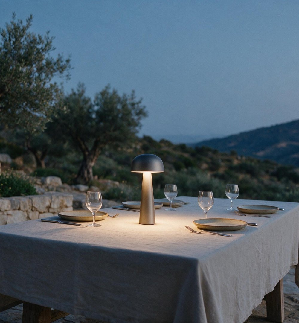 Sera One portable lamp lighting a dinner table at dusk