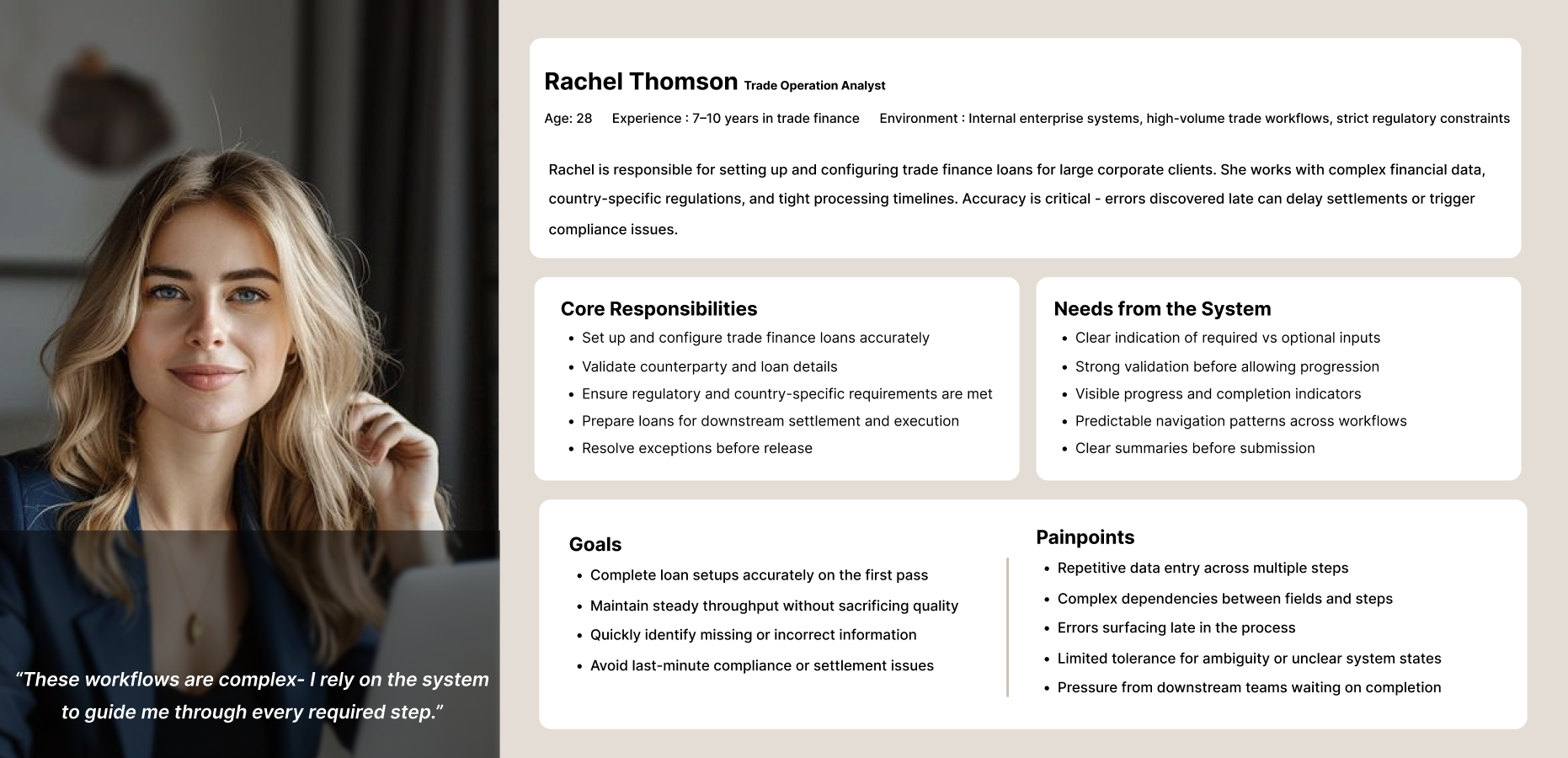 Persona: Rachel Thomson, Trade Operations Analyst