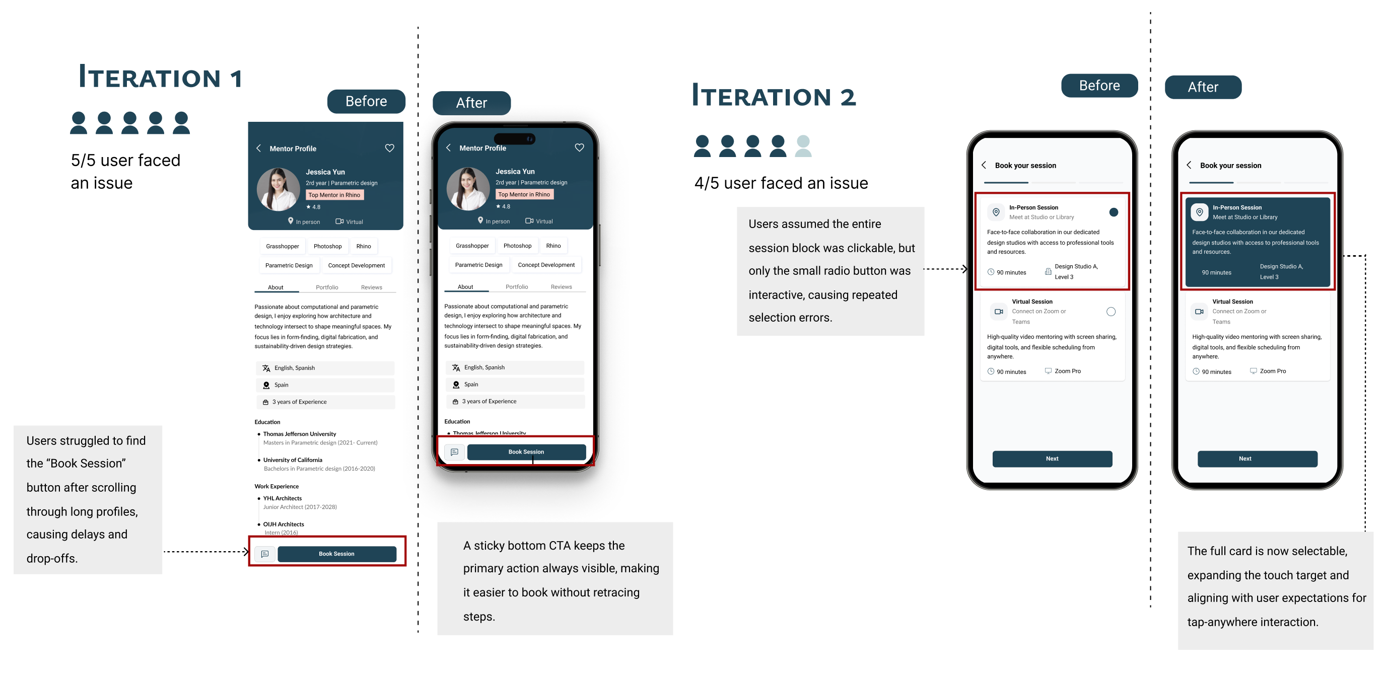Iterations: card selectability, sticky CTA, AI affordance