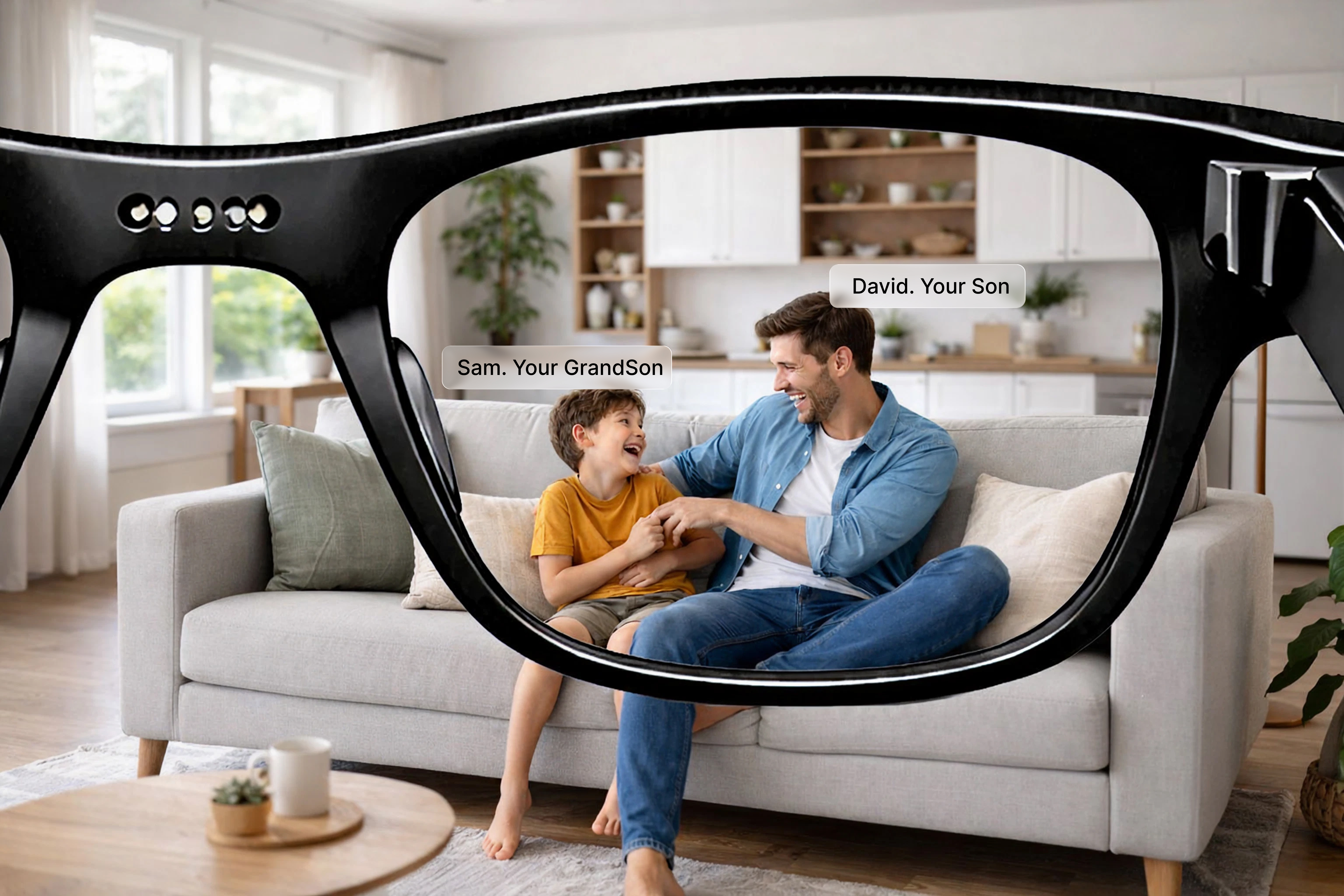 Presence smart glasses — product overview with component annotations