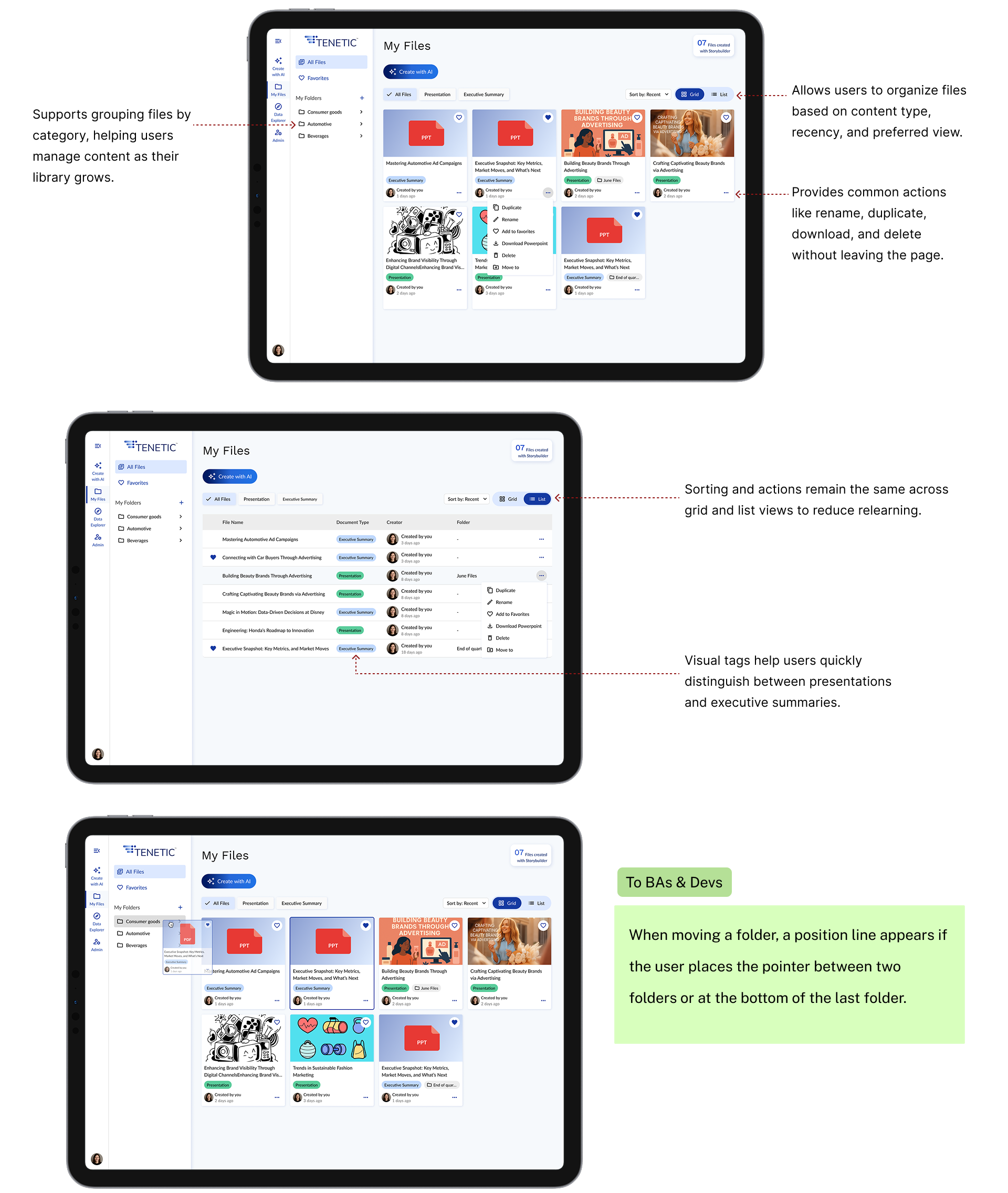 Grid and list view feature parity, hover and row action menus, side nav collapse