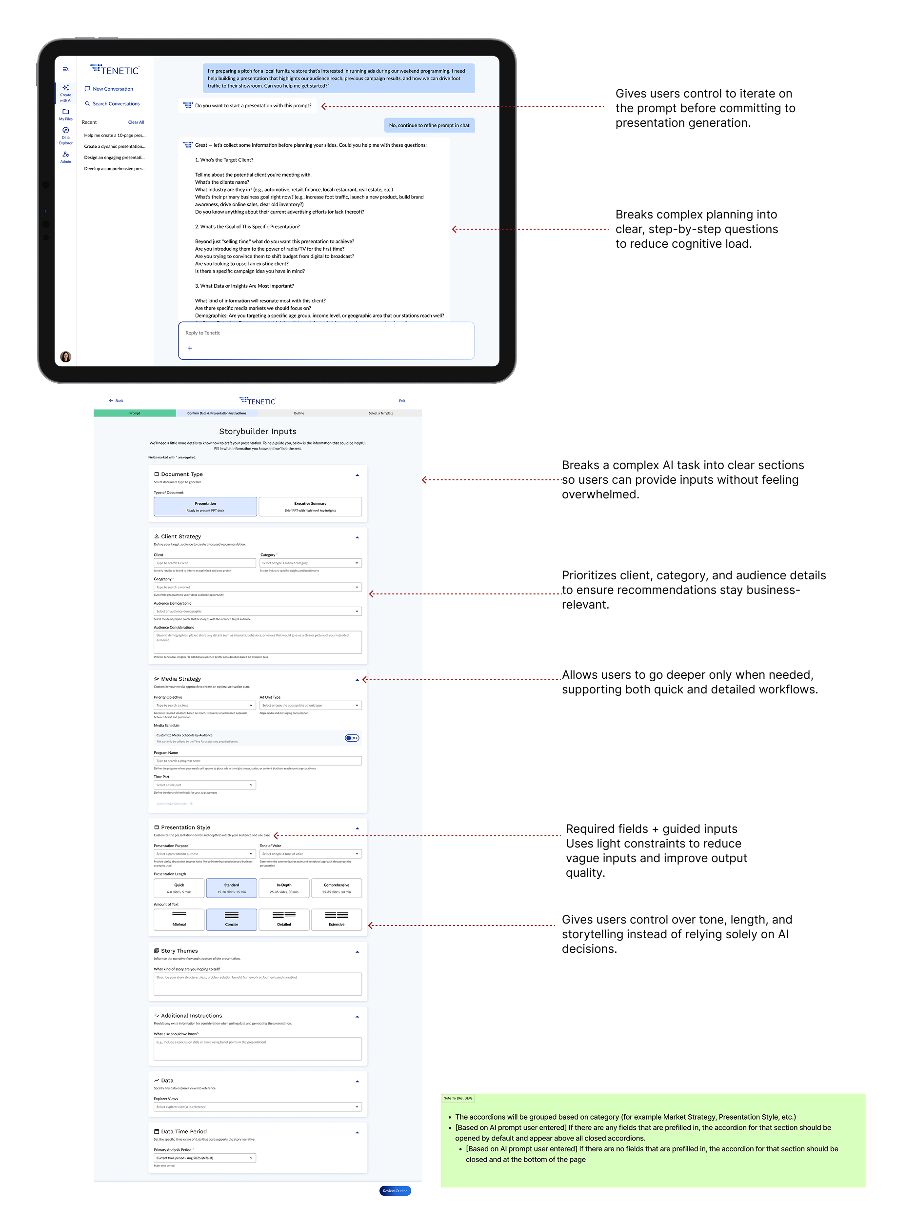 Two distinct interaction modes: conversational refinement and structured form