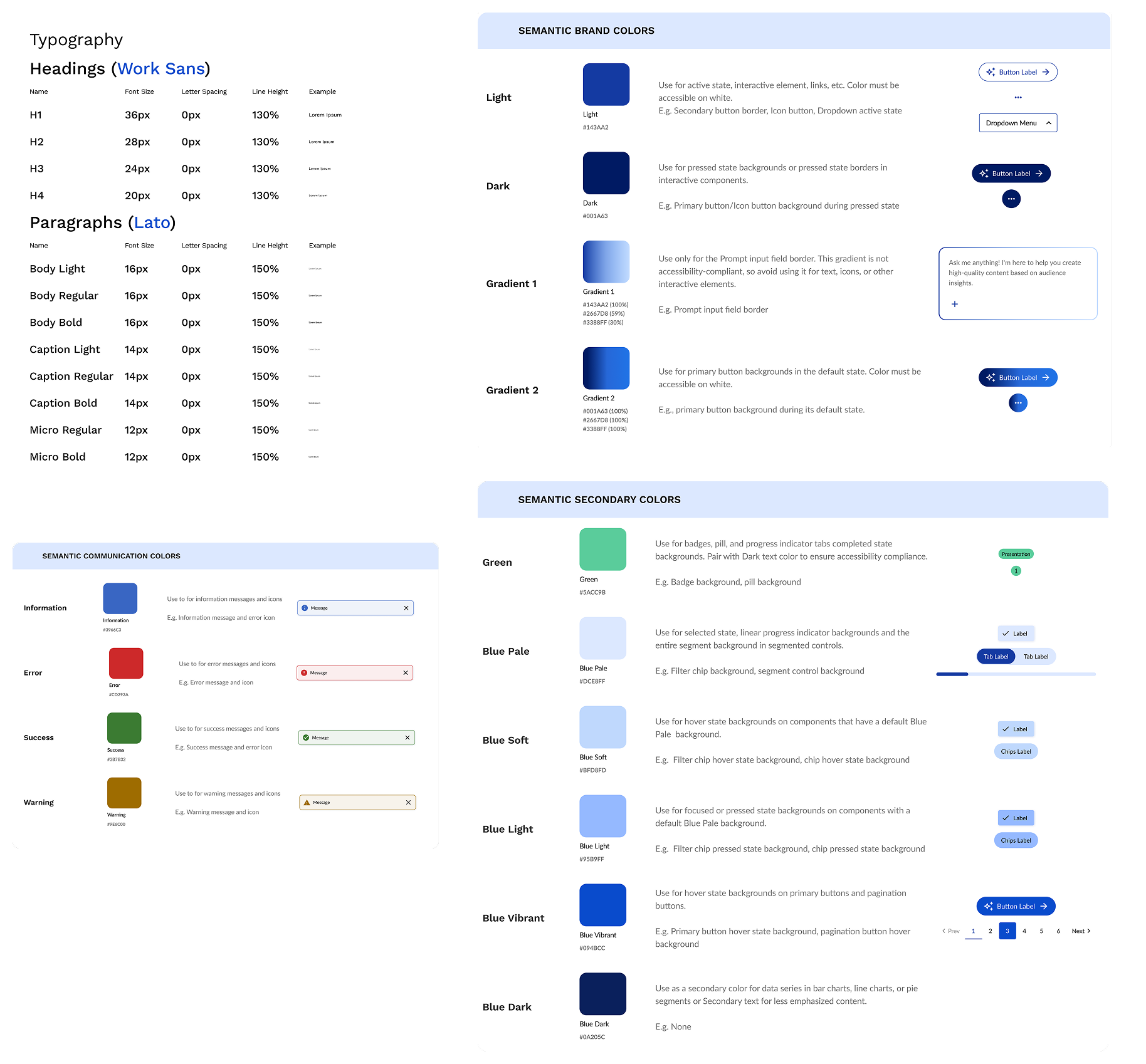 Style guide: Work Sans headings, Lato body, semantic brand colors