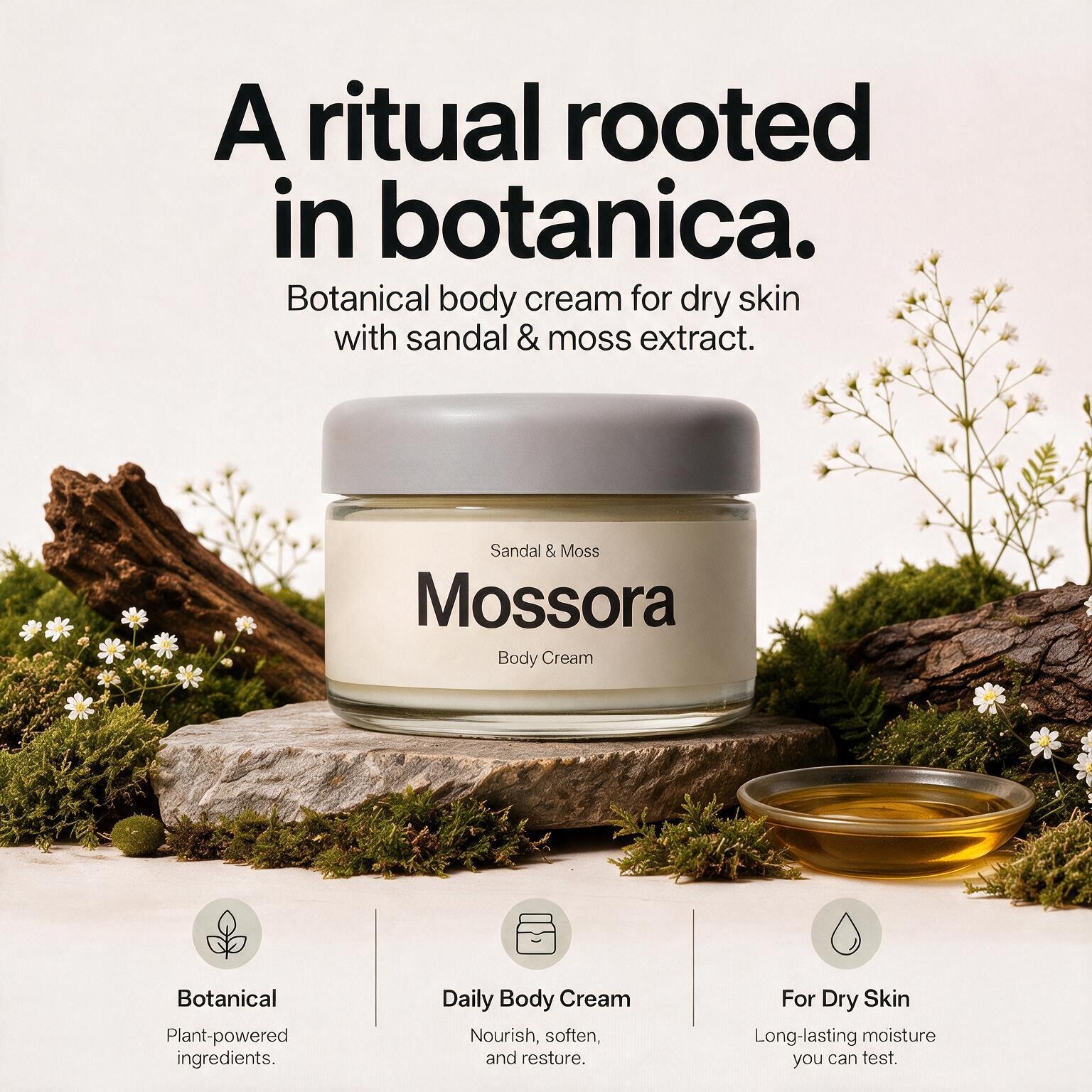 Mossora Sandal and Moss body cream styled on stone with moss and jojoba