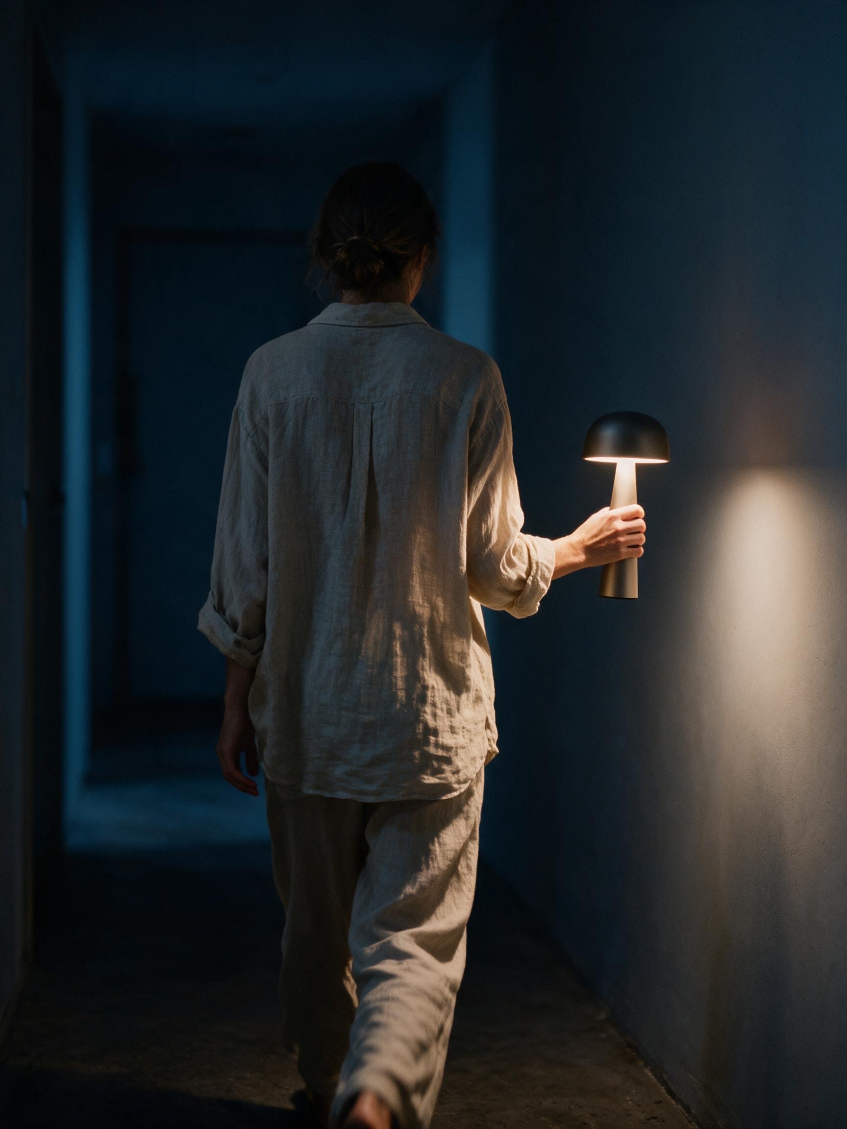 A person seen from behind carrying the glowing Sera One down a dark hallway like a candle