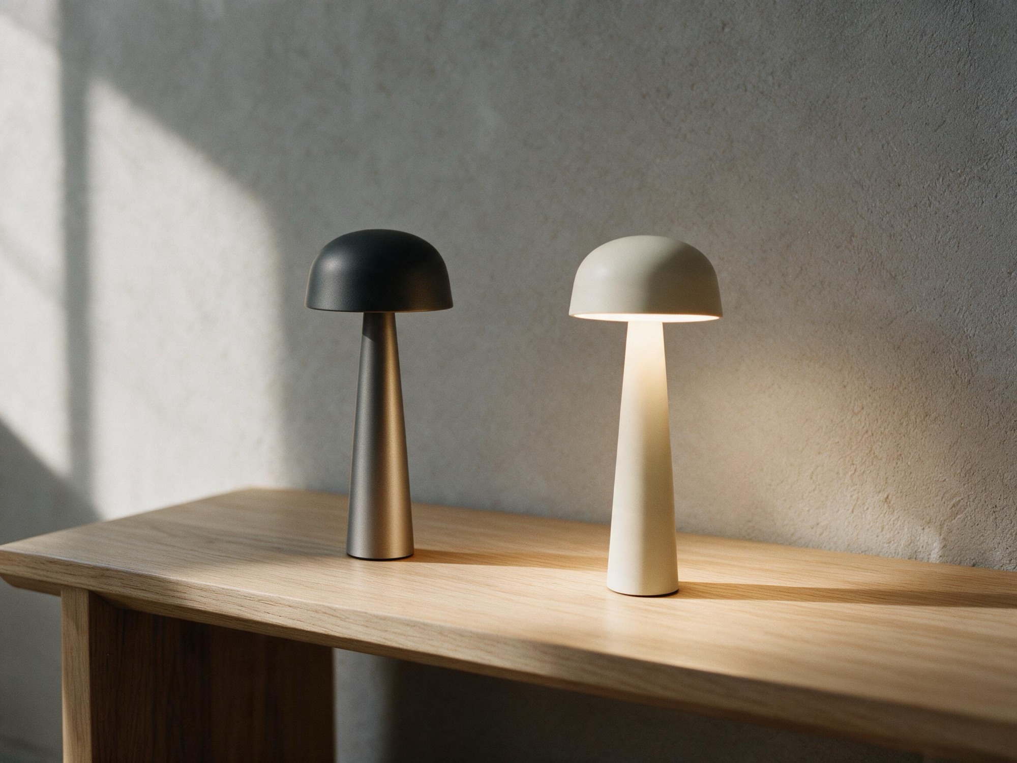 Both finishes of the Sera One side by side on an oak bench in soft daylight, the bone version lit