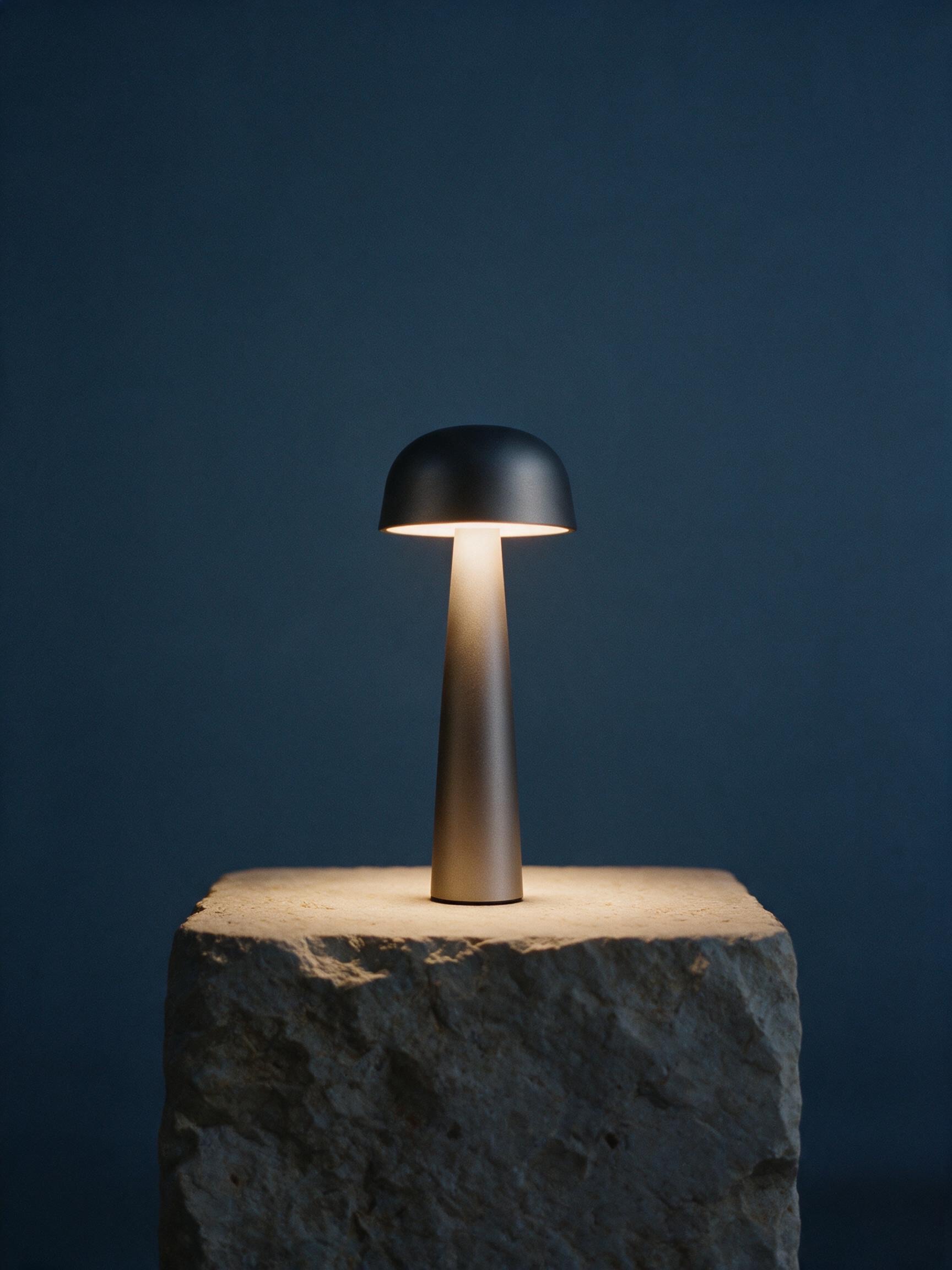 Sera One portable lamp with charcoal dome and champagne-grey tapered stem, glowing on a limestone block against dusk blue