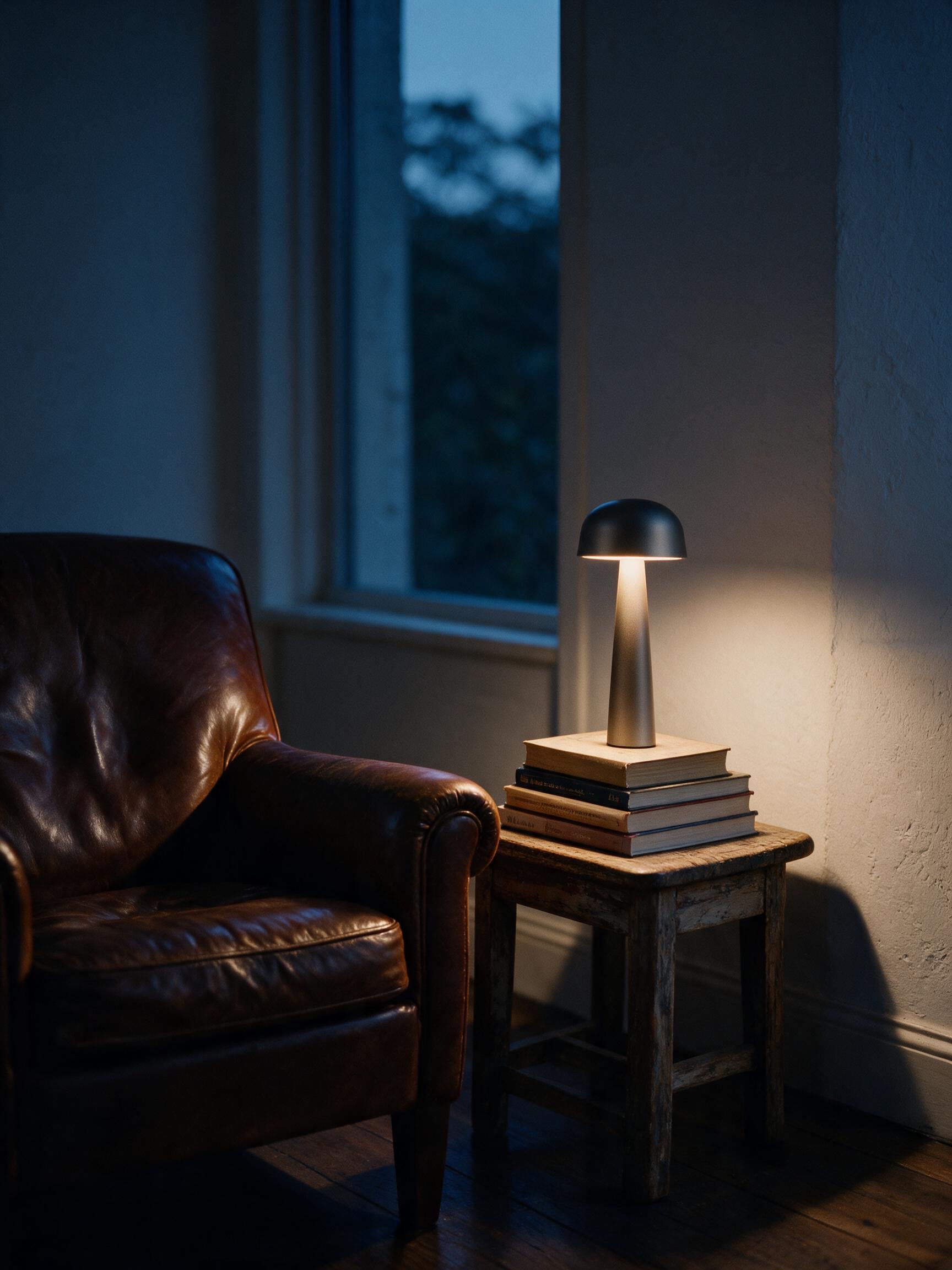 A leather armchair beside a stool stacked with books at dusk, the Sera One lighting the corner